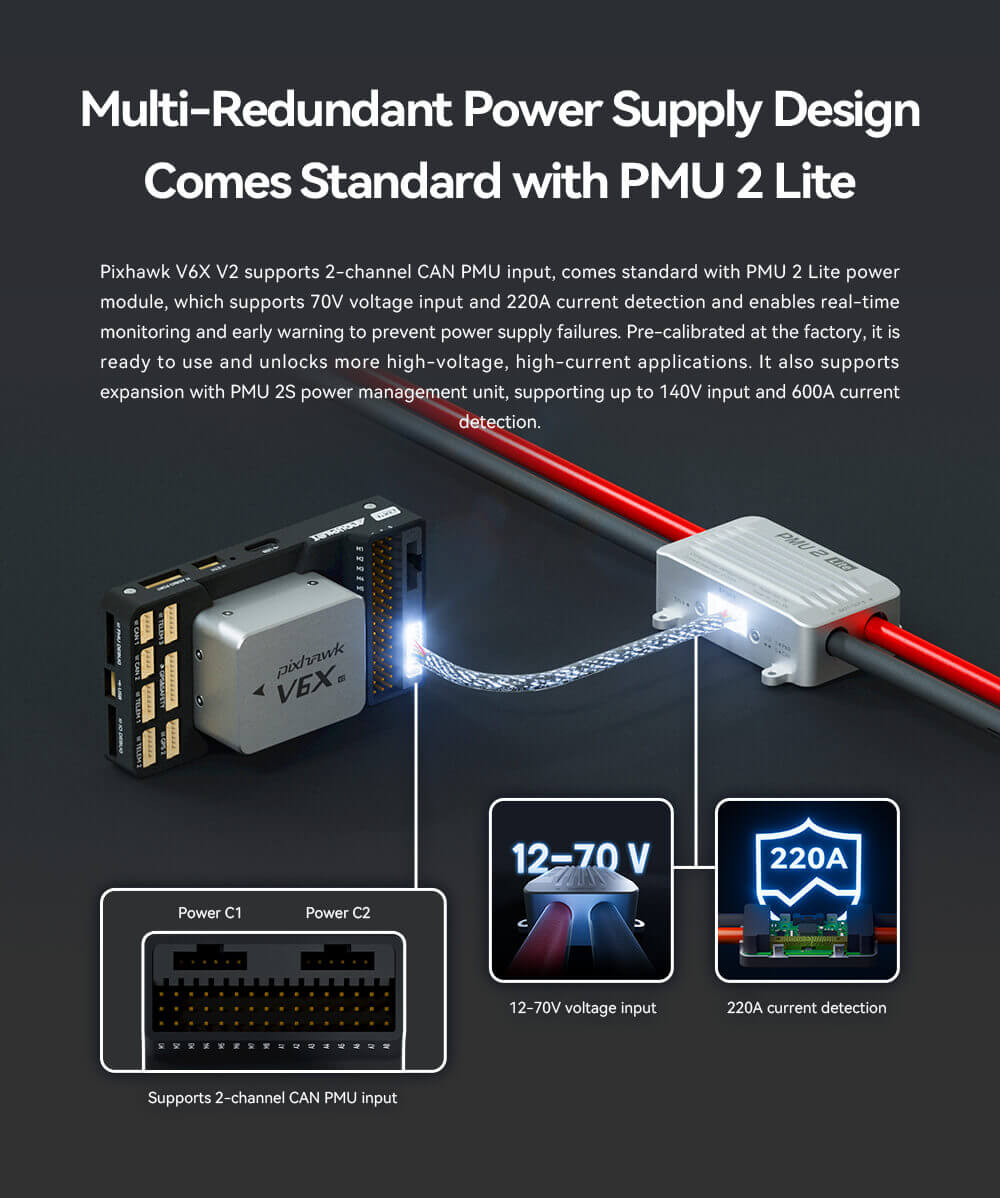 CUAV Pixhawk V6X V2 Uçuş Kontrolcüsü — Pixhawk V6X V2 Kontrolcü + PMU 2 Lite Güç Modülü(5V) — Teknik detay