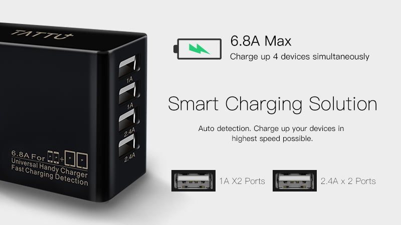Tattu 34W 4 Portlu USB AC Adaptör 6.8A Wall Charger for iPhone, iPad, Samsung, Smartphones and Tablets