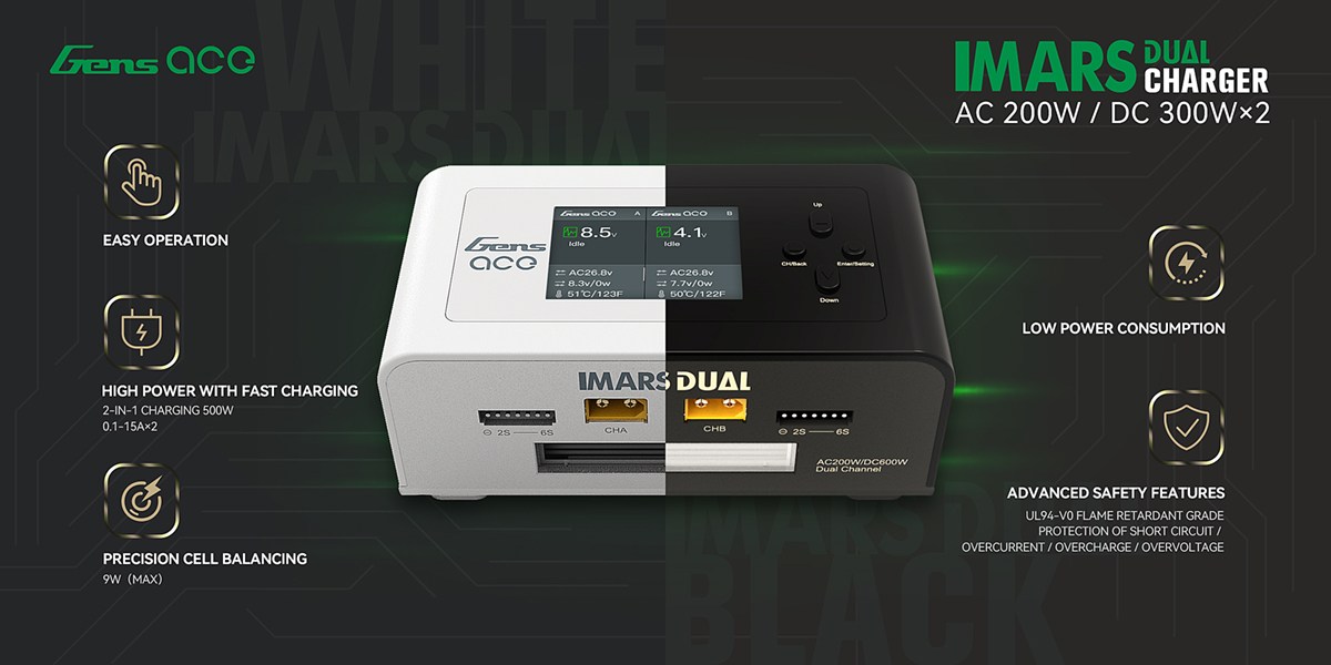 Gens ace iMars Dual Akıllı Şarj Cihazı | AC 200W / DC 300W×2 | 15A | 1-6S | 2 Kanallı | Beyaz
