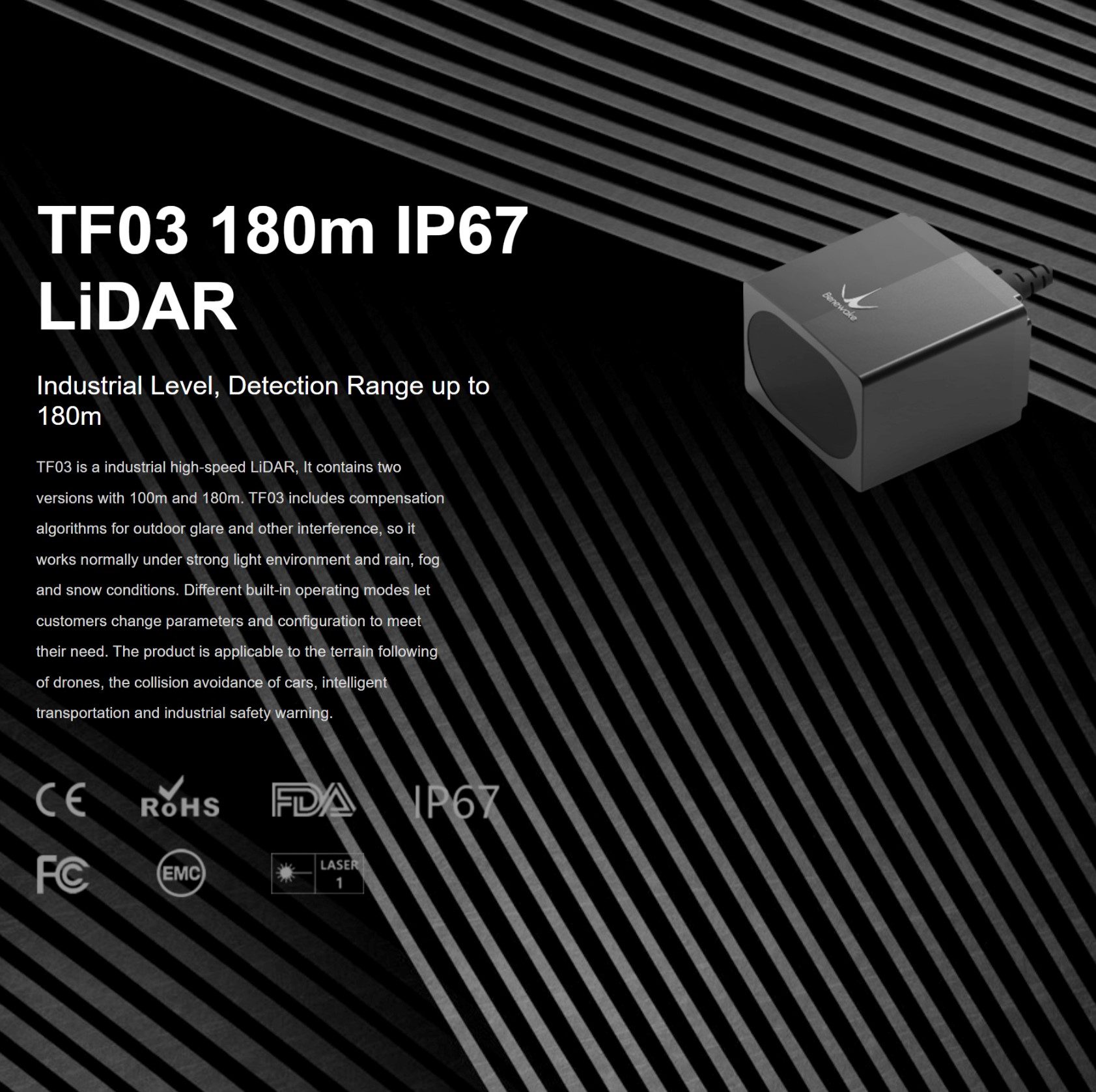 Benewake TF03-180 LiDAR Mesafe Sensörü — UART