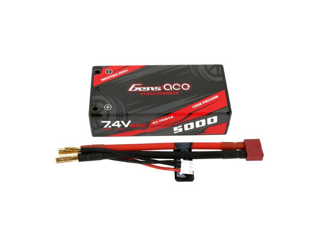 Gens ace 5000mAh 2S 60C 7.4V Shorty LiPo Batarya | Sert Kasalı | 4.0mm bullet to Deans Konnektör | Car Classic (Non-G-Tech)