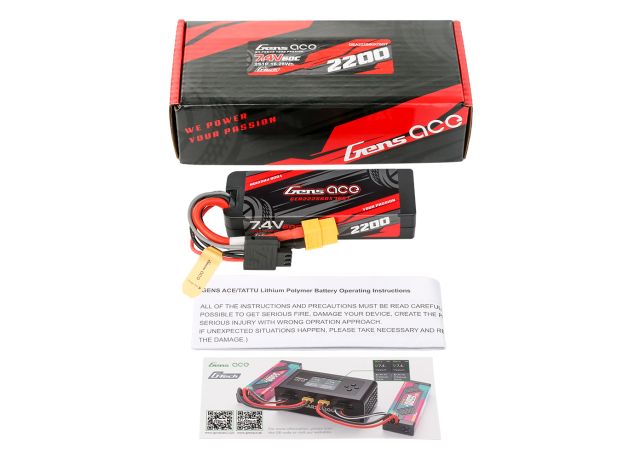 Gens ace 2200mAh 2S 60C 7.4V LiPo Batarya | Sert Kasalı | XT60 Konnektör | Car Classic