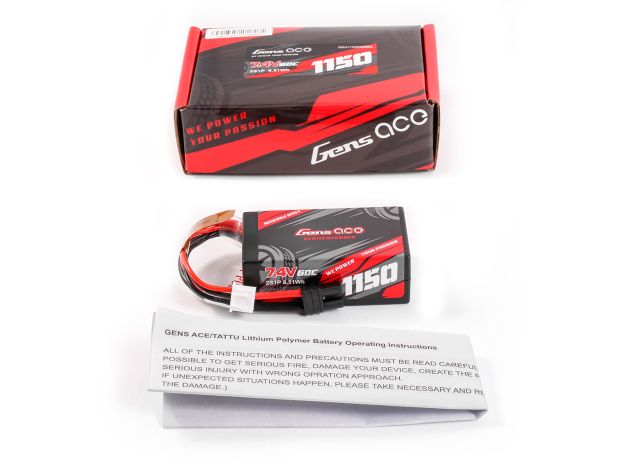 Gens ace 1150mAh 2S 60C 7.4V LiPo Batarya | Sert Kasalı | IEC2 Konnektör | Car Classic (Non-G-Tech)