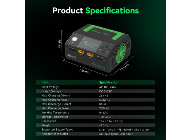 Gens ace iMars D1000 Plus Akıllı Şarj Cihazı | AC 1000W | 25A | 1-7S| 2 Kanallı