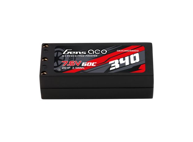 Gens ace 340mAh 2S 60C 7.6V(HV) LiPo Batarya | Sert Kasalı | 2mm Bullet to XT60 Adaptör | Car Classic
