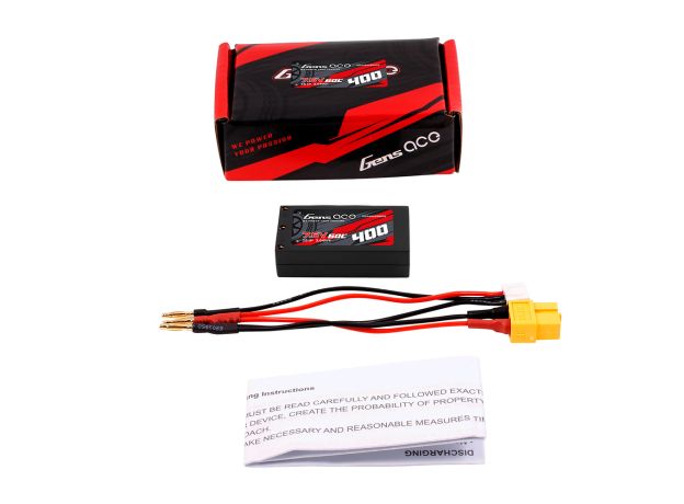 Gens ace 400mAh 2S 60C 7.6V(HV) LiPo Batarya | Sert Kasalı | 2mm Bullet to XT60 Adaptör | Car Classic