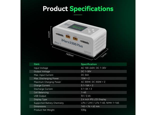 Gens ace iMars D300 Plus Akıllı Şarj Cihazı | AC 300W + DC 700W | 16A | 1-6S | 2 Kanallı | Beyaz