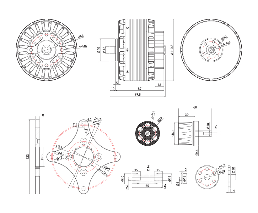 T-Motor AT1030 110CC KV90 — Teknik çizimler ve performans grafikleri 1
