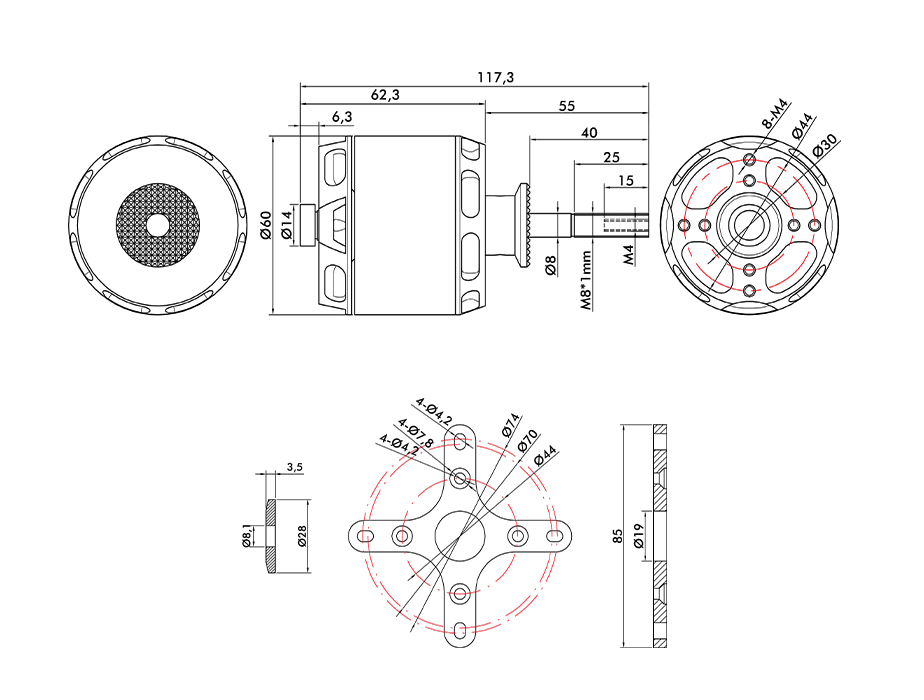 T-Motor AT5230A 30CC VTOL Sabit Kanat Aircraft long shaft Motoru KV200 — Teknik çizimler ve performans grafikleri 1