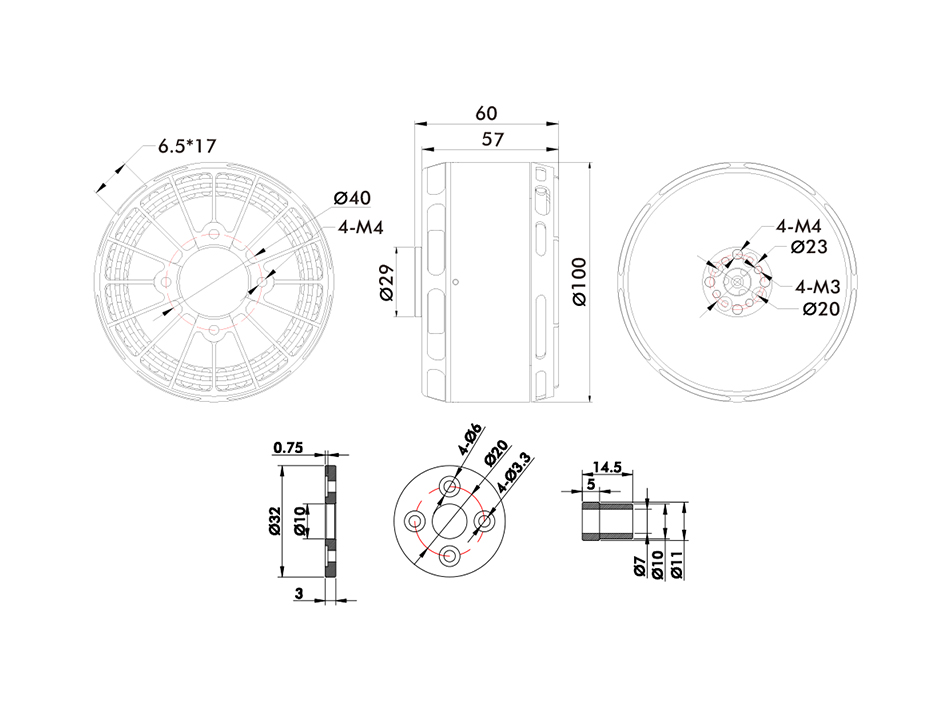 T-Motor U13Ⅱ Power Type Multirotor UAV Motor KV65 — Technical drawings and performance charts 1