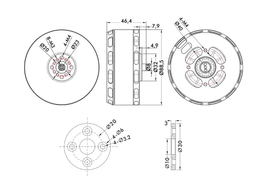 T-Motor V807 12S Vtol Brushless Drone Motor KV170 — Technical drawings and performance charts 1
