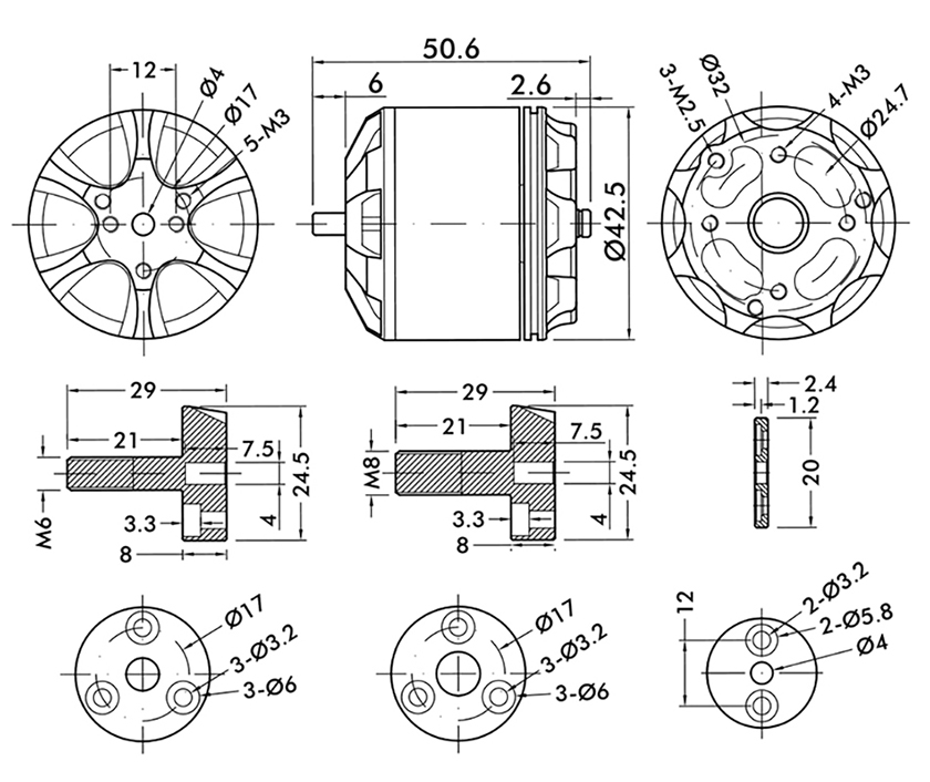 T-Motor MN3520 Multirotor Fixed Wing UAV Motor KV400 — Technical drawings and performance charts 1