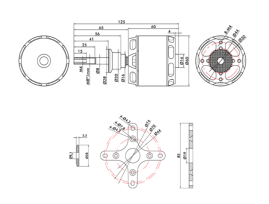 T-Motor AT5230B 25-30CC VTOL Sabit Kanat Aircraft Shaft Motoru KV200 — Teknik çizimler ve performans grafikleri 1