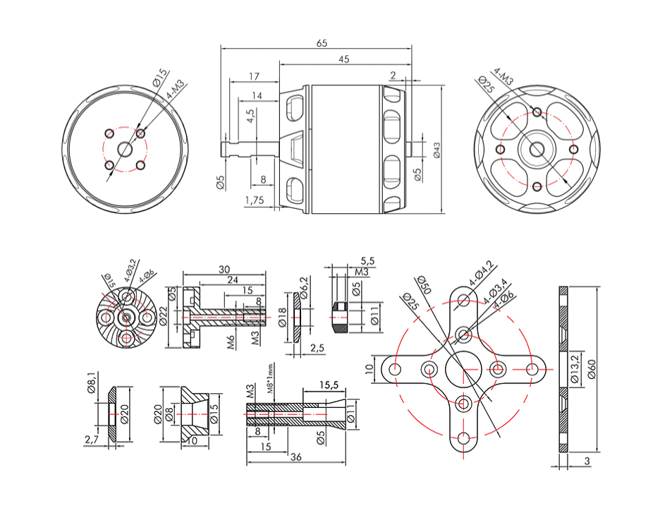 T-Motor AT3520 Long Shaft Sabit Kanat İHA Motoru KV550 — Teknik çizimler ve performans grafikleri 1