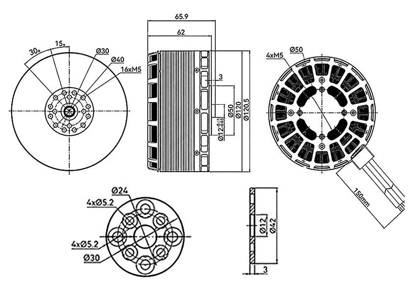 T-Motor MN1130 KV45 — Teknik çizimler ve performans grafikleri 1
