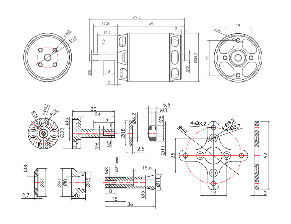 T-Motor AT2826 3D F3A Sabit Kanat Long Shaft Fırçasız Motoru- KV1100 — Teknik çizimler ve performans grafikleri 1