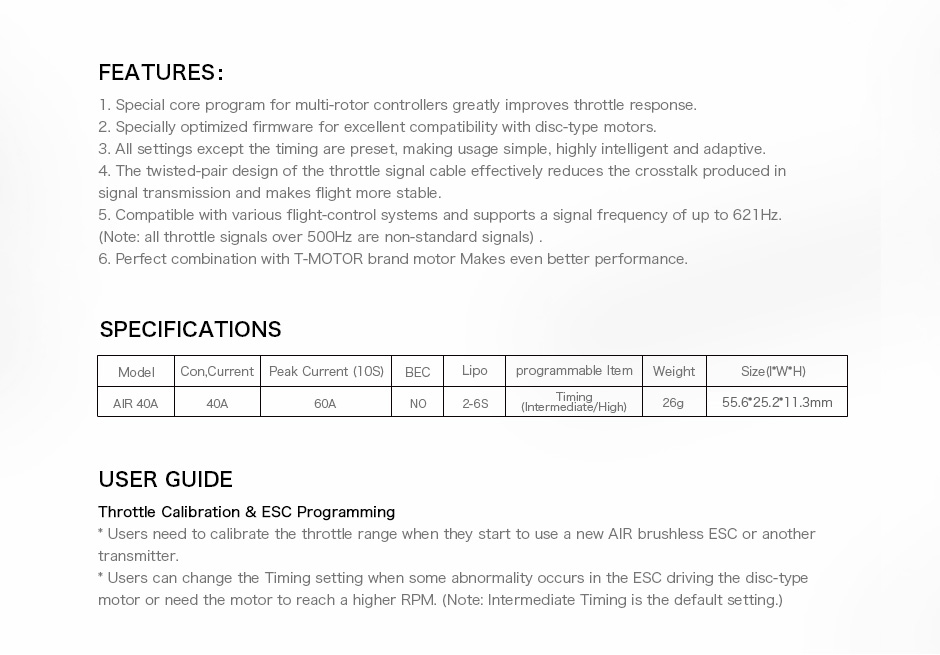 T-Motor AIR 40A 2-6S BEC Olmadan Çok Rotorlu İHA ESC — Üretici detay görselleri 2