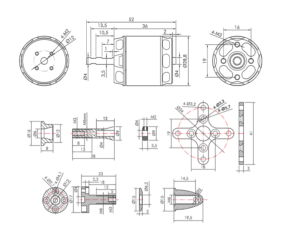 T-Motor AT2317 Long Shaft Outdoor 3D Trainer Glider Motoru- KV1400 — Teknik çizimler ve performans grafikleri 1