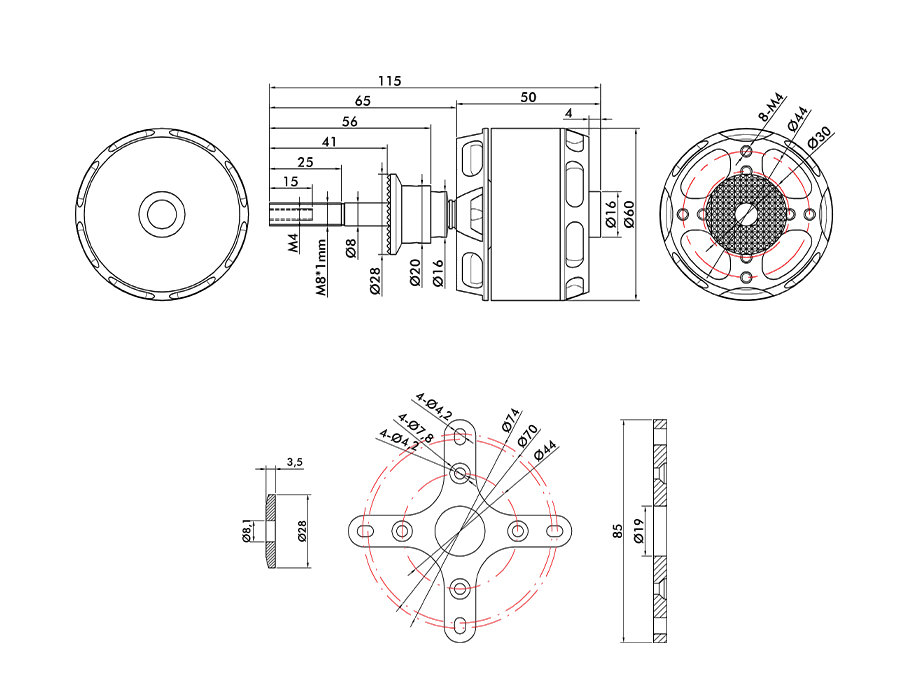 T-Motor AT5220B 20-25CC VTOL Sabit Kanat Aircraft Long Shaft Motoru KV380 — Teknik çizimler ve performans grafikleri 1