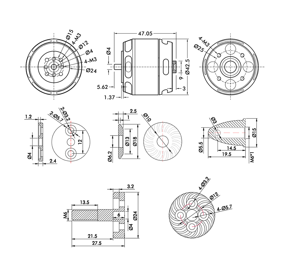 T-Motor U5 Power U-Serisi Yüksek Verimli İHA Motoru KV400 — Teknik çizimler ve performans grafikleri 1