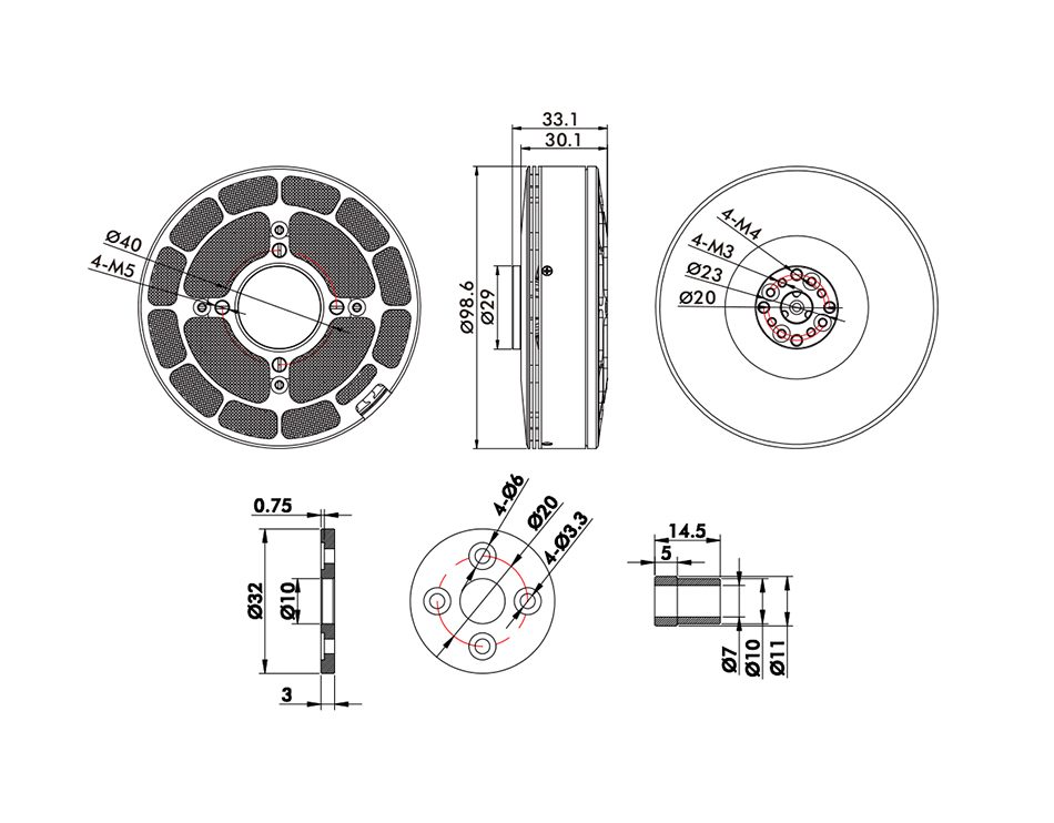 T-Motor U10Ⅱ Efficiency Multirotor UAV Motor KV100 — Technical drawings and performance charts 1