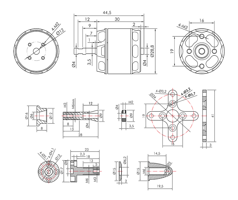 T-Motor AT2312 Long Shaft 3D Trainer Glider Bldc Motoru-- KV1150 — Teknik çizimler ve performans grafikleri 1