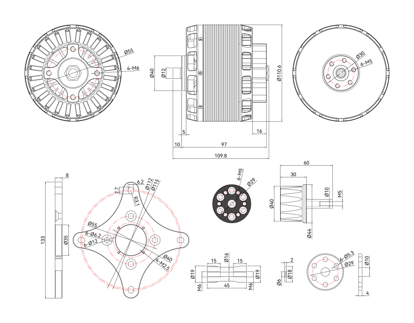 T-Motor AT1040 130CC KV90 — Technical drawings and performance charts 1