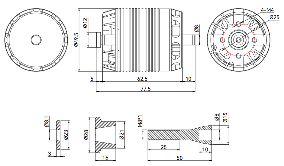 T-Motor AX435-A KV250 — Teknik çizimler ve performans grafikleri 1