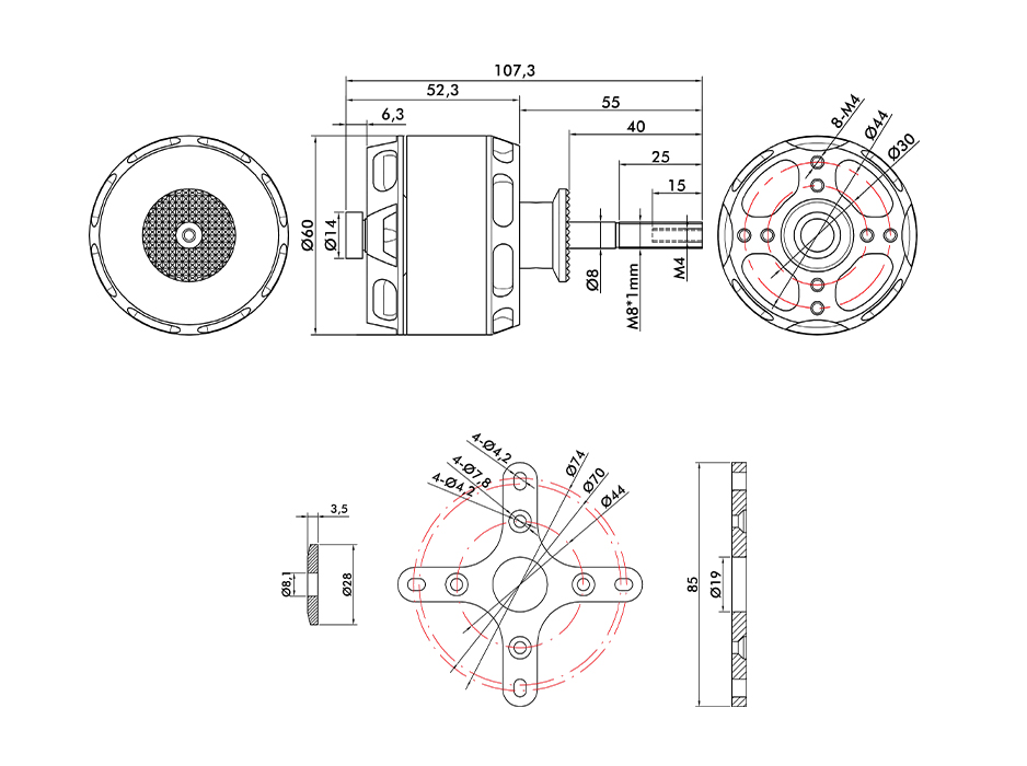 T-Motor AT5220A 20-25CC VTOL Sabit Kanat Aircraft Shaft Motoru KV220 — Teknik çizimler ve performans grafikleri 1