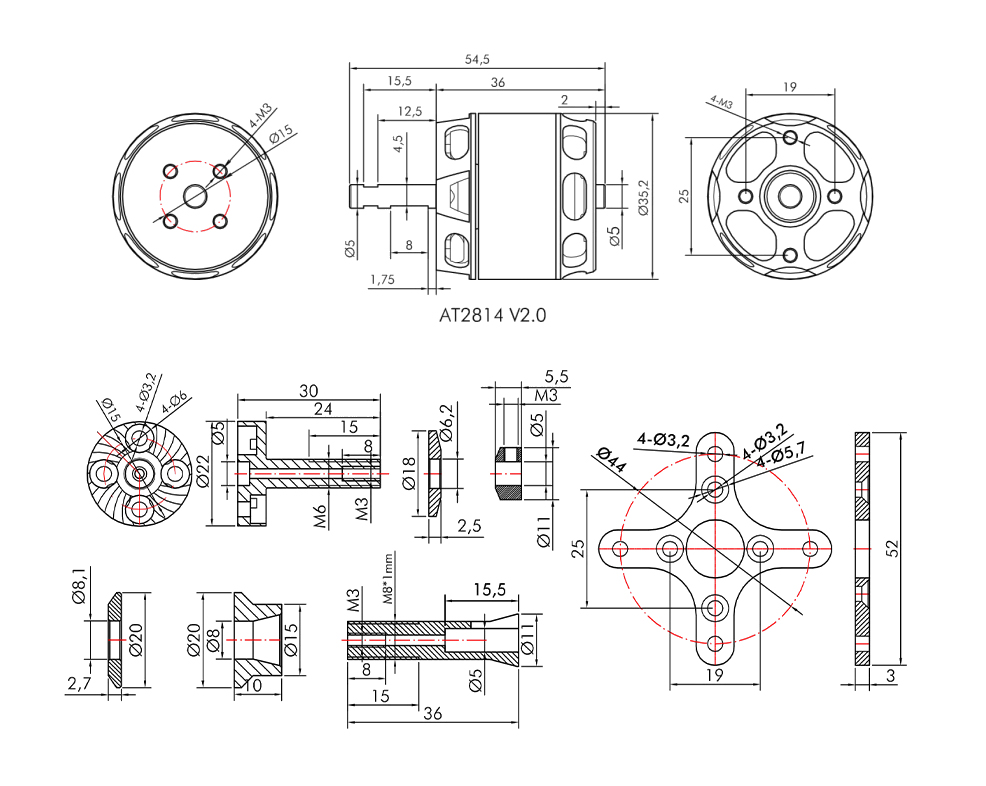 T-Motor AT2814 3D F3A Sabit Kanat Long Shaft Fırçasız Motoru KV1200 — Teknik çizimler ve performans grafikleri 1