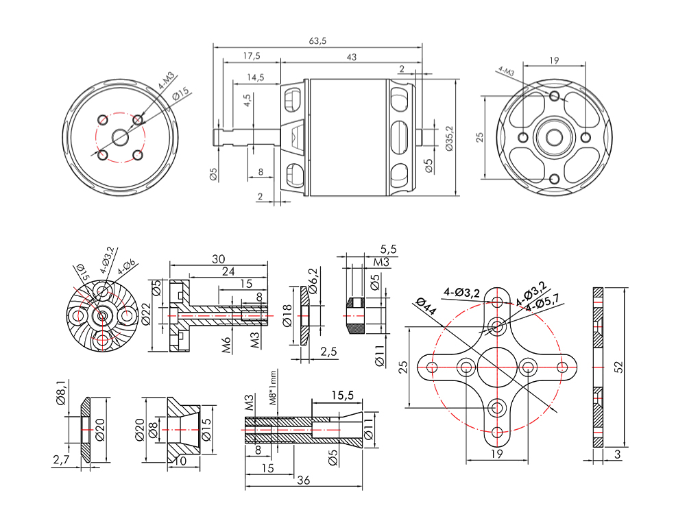 T-Motor AT2820 3D F3A Sabit Kanat Long Shaft Sabit Kanat Uav Motoru KV1050 — Teknik çizimler ve performans grafikleri 1