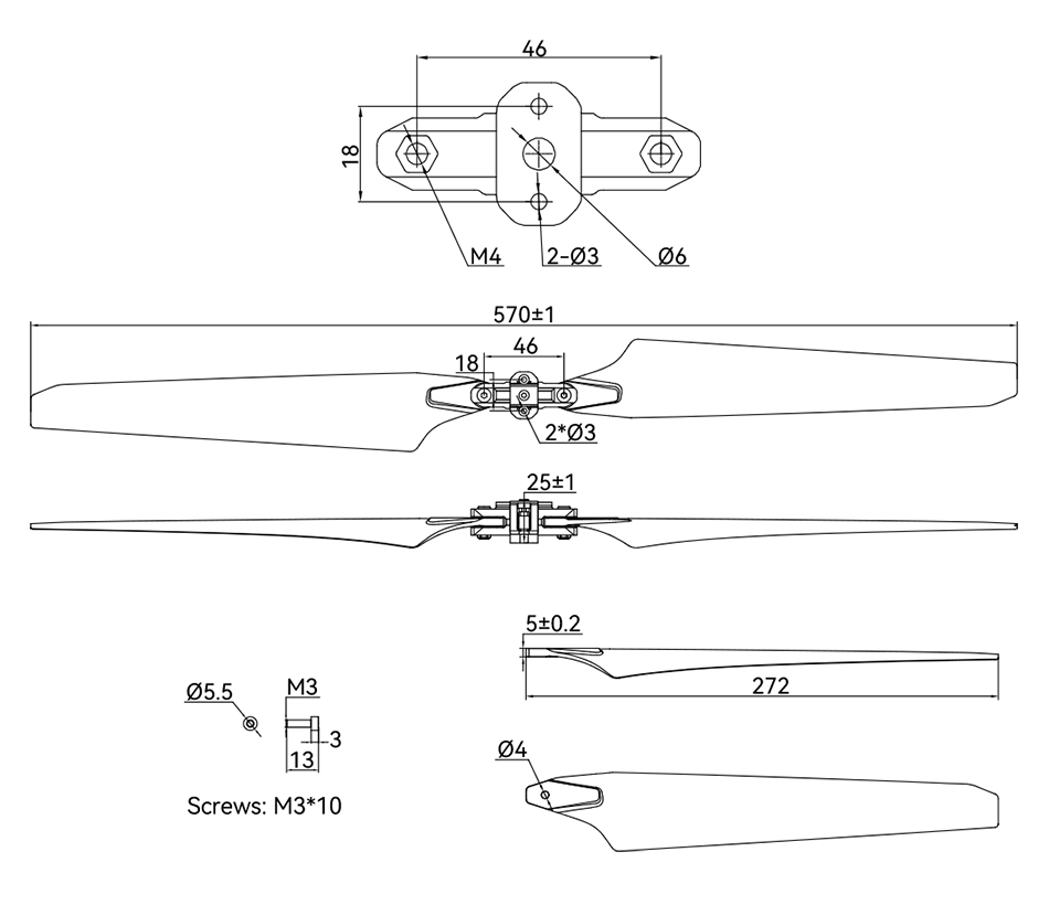 T-Motor MF2211VP Polimer Manuel Değişken Hatveli Katlanır Pervane — Teknik çizimler ve performans grafikleri 1