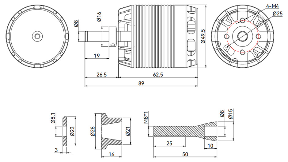 T-Motor AX435-B KV220 — Teknik çizimler ve performans grafikleri 1