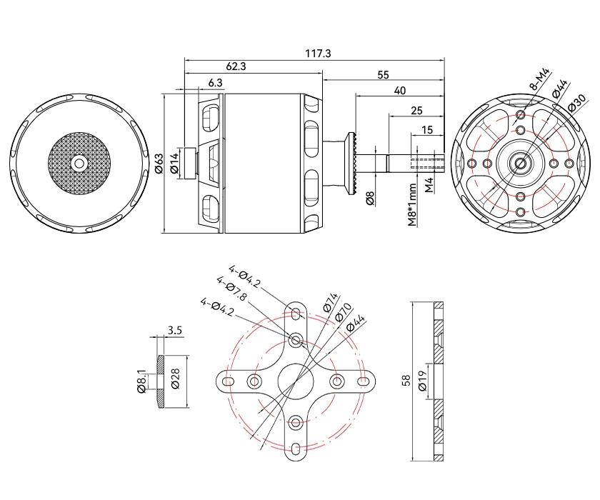 T-Motor AT5330A 25-30CC VTOL Sabit Kanat Aircraft Shaft Motoru KV220 — Teknik çizimler ve performans grafikleri 1
